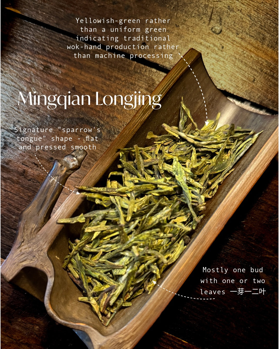 First Flush Longjing tea leaves displayed in a carved wooden tray on a rustic dark wood background, with descriptive text overlays detailing their yellow-green color and distinctive shape.