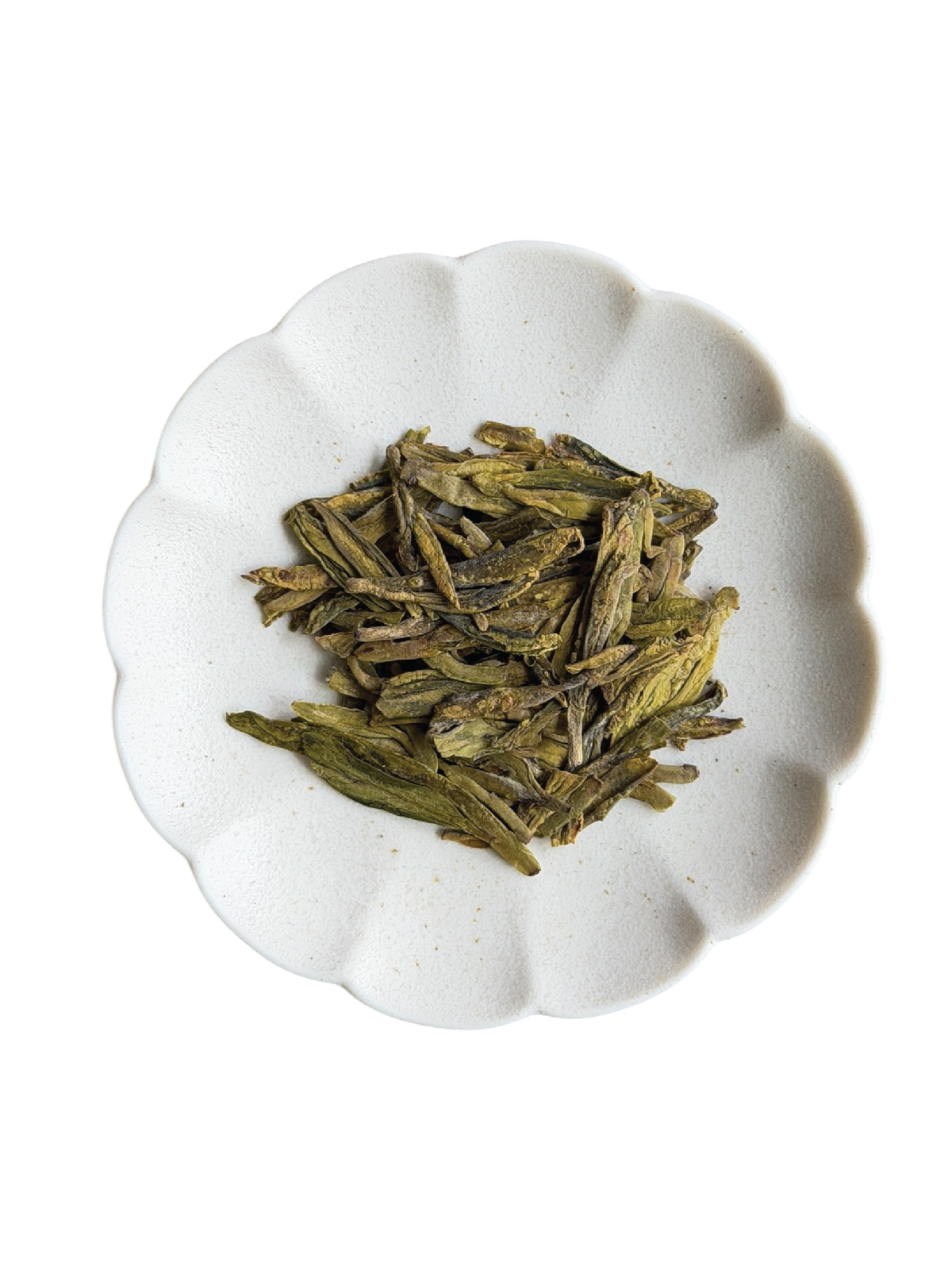 The signature flat and yellow green dried tea leaves from the pan-firing process of Longjing. They are made out of first flush green tea which is the first harvest in Spring.