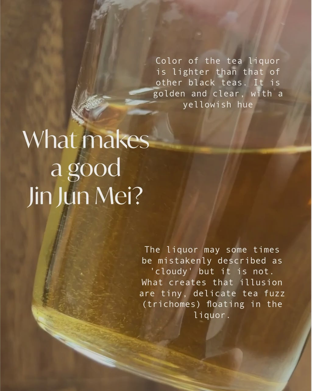 A video showing the difference of colour of the tea liquor - golden and clear with a yellowish hue and delicate tea fuzz. 